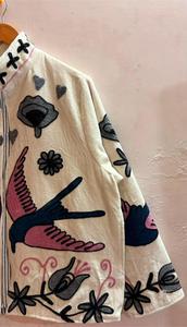 Elegant Ivory <b>Velvet</b> Embroidered Suzani <b>Jacket</b> with Bird Pattern Full Sleeve Stand Collar Handmade Boho Winter Coat - Product Image 3
