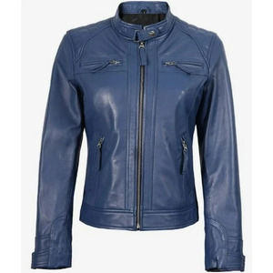 Veste de moto en cuir véritable bleu pour femme, col montant, fermeture éclair, coupe ajustée, style motard avec plusieurs poches - Product Image 1