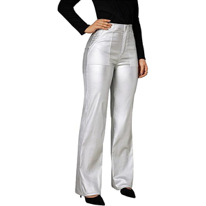 Pantalones de Cuero Genuino Transpirables y Ecológicos para Mujer, Cintura Alta, Corte Regular, Elásticos, Rectos, Casuales, para el Verano - Product Image 2