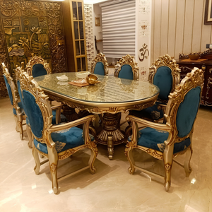 Juego de Comedor de Alta Gama en Oro Champán, Tapizado en Azul de Lujo, Madera de Teca Tallada Antigua, Muebles de Palacio Real Premium - Product Image 1