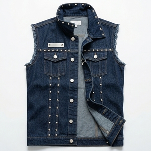 Oversized Breathable Denim Vest Custom Logo Print <b>Studded</b> Design Premium Sustainable 100% Cotton Casual Denim Vest - Product Image 1