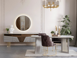 Ensemble de salle à manger moderne de luxe en teck massif, table rectangulaire dorée avec 6 chaises, mobilier contemporain pour villa, maison, cuisine - Product Image 2