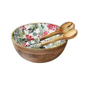Natural Wood <b>Salad</b> <b>Bowl</b> Set With <b>Servers</b> Green Leaf Red Berries Print Enamel Inside Round Shape Mixed Noodles <b>Salad</b> Fruit Snacks - Product Image 1