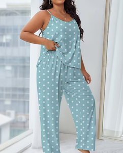 Women Polka Dot Pajama Set Sleeveless Knitted Sleepwear Full Length Pants Elastic Waist Soft Summer Casual Loungewear - Product Image 3