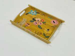 Handmade Floral Print Wood Serving Tray with Handles Rustic Decorative Rectangle Coffee Table Ottoman Tray for Home Decor by UO - Product Image 1