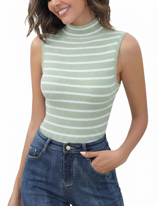 Camiseta sin mangas de punto a rayas con cuello simulado para mujer, estilo casual, patrón en blanco y negro, longitud regular - Product Image 5