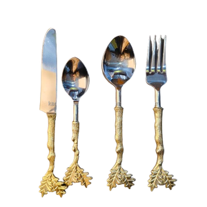 Ensemble de couverts en laiton avec motif de feuilles de chêne dorées rustiques, thème forestier, cuillère, fourchette, couteau en acier inoxydable pour la décoration de fête, écologique - Product Image 1