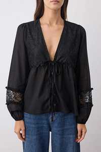 Blusa Blanca de Encaje con Cuello en V y Mangas Abullonadas para Mujer, con Lazo Delantero, Estilo Casual Holgado, Moderno y Romántico para Invierno, Primavera y Verano, ODM - Product Image 6