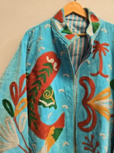 Turquoise <b>Velvet</b> Suzani <b>Jacket</b> <b>for</b> <b>Women</b> Handmade Tropical Fish Embroidery Boho Ethnic Coat Wholesale Designer Outerwear Export - Product Image 5