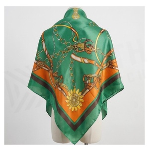 Women's Square <b>Silk</b> Scarf <b>Green</b> Orange Horsebit Print Elegant Multi-Functional Fashion Accessory All Seasons - Product Image 2