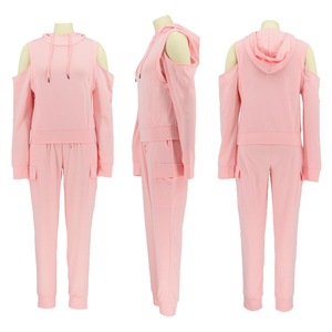 Ensemble de survêtement rose à capuche pour femme, manches longues, couleur unie, décontracté, en polaire, coupe ample avec poches - Product Image 2