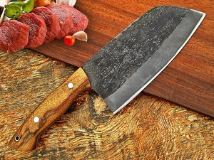 Custom Handmade Forged Carbon Steel Cleaver <b>Knife</b> Wood Handle Leather Sheath 8in 3.0mm Thick Blade Extra <b>Sharp</b> Modern Dishwasher - Product Image 5