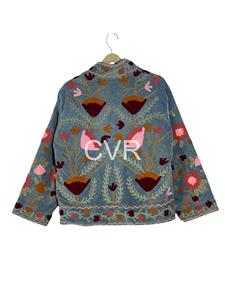Manteau en coton pour femme grande taille, style bohème, broderie florale à la main, col mandarin, manches longues, vêtement d'extérieur décontracté pour l'automne - Product Image 1