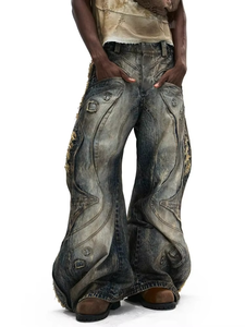 Jean en denim pour homme en coton, haute qualité, personnalisé, délavage vintage, avec œillets et fermetures éclair, effet déchiré et vieilli, coupe large, style streetwear hip-hop, OEM ODM - Product Image 5