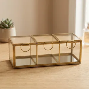 ARTISAN DESIGN B1063 Caja de Almacenamiento de Joyas de Vidrio y Latón con Base de Espejo y Asas de Anillo para Organizar Collares, Anillos y Accesorios - Product Image 1
