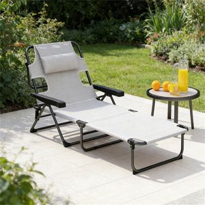 Sedia a Sdraio Pieghevole Bianco Crema per Esterni, Sedia da Spiaggia per Relax - Product Image 1