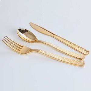 Custom Brilliant Hammered Handle Flatware <b>Set</b> Gold Mirror Polished Stainless Steel Includes <b>Spoon</b> <b>Fork</b> <b>Knife</b> Cutlery-MOQ 100 Pcs - Product Image 1