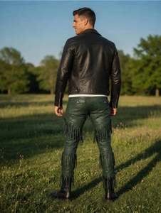 Pantalon en cuir véritable vert pour homme, style motard, coupe skinny, longueur intégrale, avec franges et pompons, idéal pour l'automne - Product Image 4