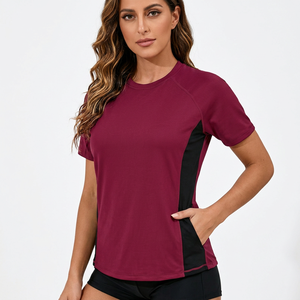 Haut de sport à manches courtes pour femme, color-block, séchage rapide, anti-UV, bordeaux et noir - Product Image 1