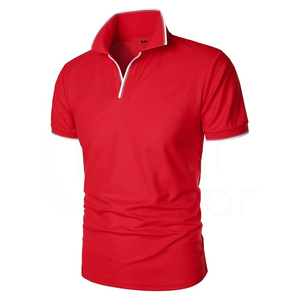 Polo Rojo de Manga Corta para Hombre, Color Sólido, Tejido de Punto, Estilo Casual con Ribete Blanco en el Cuello y los Puños - Product Image 2