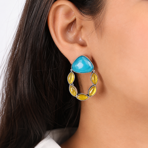 Wholesale Blue Yellow Gemstone <b>Dangle</b> <b>Earrings</b> for Women Handmade <b>Silver</b> Plated Statement <b>Earrings</b> - Product Image 4