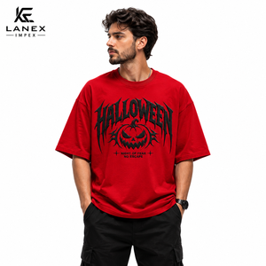 T-shirt graphique personnalisé Halloween, imprimé citrouille noire, tee-shirt en coton oversize rouge, streetwear décontracté, mode pour hommes et femmes, OEM - Product Image 1