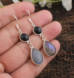 Pendientes de Labradorita Natural y Ónix Negro, Plata de Ley 925, Pendientes Colgantes con Gema de Fuego Azul, Joyería de Piedras Mixtas al por Mayor para Mujer - Product Image 2