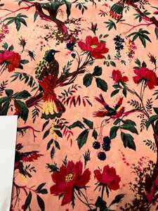 Tela de terciopelo de algodón estampada a mano con diseño de pájaros color melocotón para tapicería y decoración, se vende por yarda. - Product Image 6