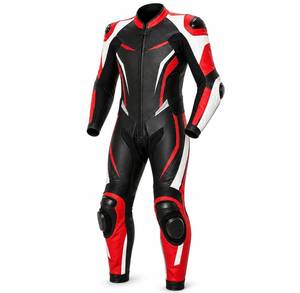 Unisex Black <b>Red</b> White Leather Motorcycle Racing <b>Suit</b> Full Sleeve Windproof Anti-UV Breathable Color Blocked All Seasons Wear - Product Image 2