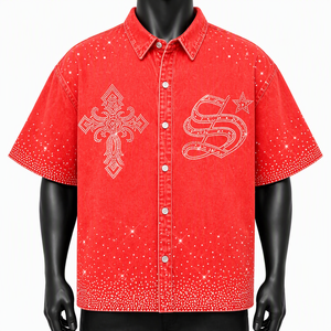 Custom <b>Men</b> <b>Blue</b> Rhinestone Denim Shirts Wholesale Oversized Short Sleeve Gothic Cross Diamond Button Up Summer Streetwear Tops - Product Image 5
