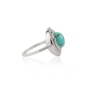 Factory Wholesale Price 14K Pure White <b>Gold</b> Genuine <b>Turquoise</b> & Diamond Double Cluster <b>Ring</b> Wedding Unisex Customized Jewelry - Product Image 5