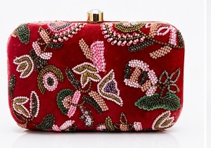 Elegant Red Velvet Clutch With Beaded Floral Embroidery Lock Closure Women's Evening Wedding Handbag - Product Image 2