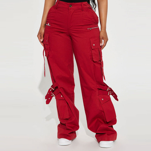 Plus Size <b>Women's</b> <b>Red</b> Cargo Pants High Waist Skinny Fit Full Length Casual Solid Color Pockets Denim Material - Product Image 5
