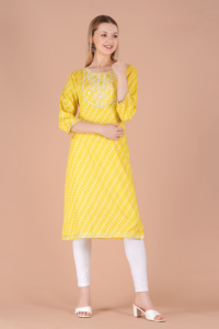 Women Yellow Printed <b>Kurti</b> Ethnic Casual Wear <b>Kurti</b>, Embroidery Work <b>Kurti</b> , Trendy <b>Kurti</b> , New Kurta - Product Image 2