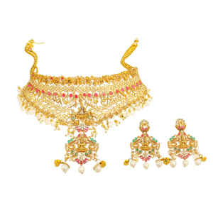 Antique Gold Plated <b>Bridal</b> Choker <b>Set</b> with Designer Earrings Imitation Pearl Casual <b>Jewelry</b> - Product Image 2