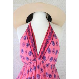 Boho Pink Halter Maxi <b>Dress</b> for Women Long Sleeve Plain Dyed Modern Eco-Friendly Beach Vacation Sundress with Tiered Ruffle Hem - Product Image 2