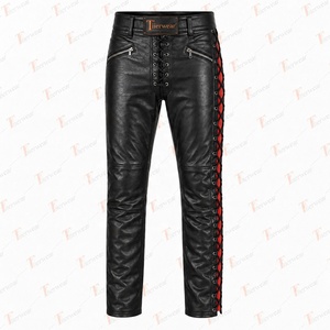 Pantalon Moto Homme en Cuir Noir Respirant Multi-Poches avec Bande Latérale Rouge à Lacets, Taille Mi-Haute, Style Workwear pour l'Automne - Product Image 4