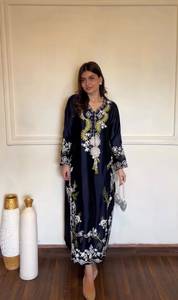 Women's <b>Navy</b> Blue <b>Silk</b> Embroidered Kurta Long Ankle-Length Traditional Indian Pakistani Wedding Wear Loose Fit Style - Product Image 1