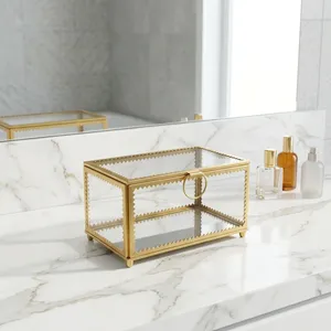 Artisan Design B100 Glass <b>Jewelry</b> Box Brass Frame <b>Mirror</b> Base <b>Storage</b> Organizer Decorative Rectangular Design 6.25x4x4 Inches - Product Image 2