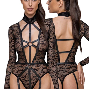 Women's Black <b>Lace</b> <b>Bodysuit</b> Sheer Hollow Out Strappy Sexy Lingerie <b>Long</b> <b>Sleeve</b> High Neck - Product Image 4