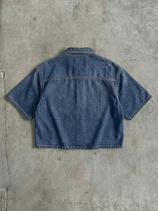 Mens Blue Denim <b>Shirt</b> Indigo Graphic Print Embroidered Short Sleeve Boxy Streetwear Drop Shoulder Button Front - Product Image 2