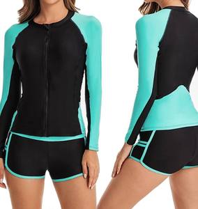 Women's Black and Teal Color Block Long Sleeve Rash Guard with Zipper Front Sport <b>Top</b> for Training Spring Summer Wear - Product Image 5