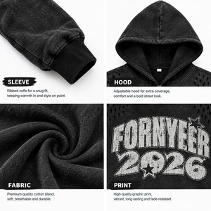 Sweat-shirt à capuche vintage noir pour homme, imprimé craquelé, motif lettres 2026, effet vieilli, style hip-hop - Product Image 6
