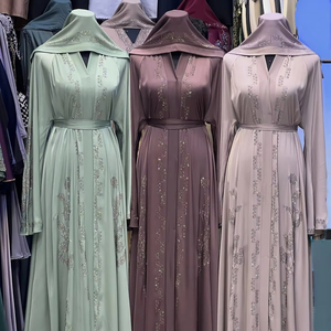 Wholesale Modest Dubai Beaded <b>Sequined</b> Long Sleeve Abaya Muslim Traditional Handmade Wedding Women Polyester Breathable V Neck - Product Image 1