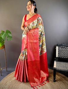 Sari en soie Kanjivaram traditionnel pour femme KV, imprimé Kalamkari, avec chemisier non cousu, pour les fêtes - Product Image 4