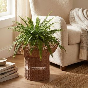 Luxury Rattan Scalloped Rim Multifunction Accent <b>Table</b> & Planter Stand Sustainable Deep <b>Basket</b> End <b>Table</b> for Living Room Nursery - Product Image 3