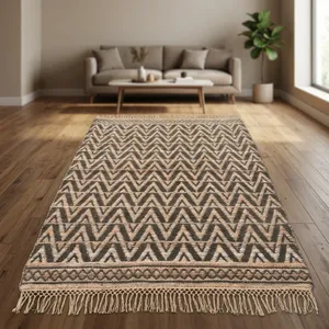 Alfombra Rectangular Tejida a Mano con Diseño Geométrico Jacquard, 50% Yute, 50% Algodón Chenille, Kilim de Fibra Natural - Product Image 1