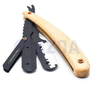 Rasoir droit pliant en acier inoxydable avec manche en bois, support de lame noir pour un rasage et une toilettage professionnels - Product Image 4