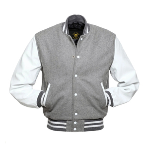 Blouson bomber varsity gris avec manches blanches, blouson Letterman avec manches en cuir, blouson varsity personnalisé en cuir. - Product Image 2