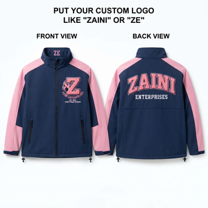 เสื้อแจ็คเก็ตซอฟต์เชลล์พรีเมียม 300 GSM 3 ชั้น สีกรมท่า แต่งสีชมพู ผ้าฟลีซ ปักโลโก้ตามสั่ง ซิปเต็มตัว สำหรับกิจกรรมกลางแจ้ง - Product Image 1